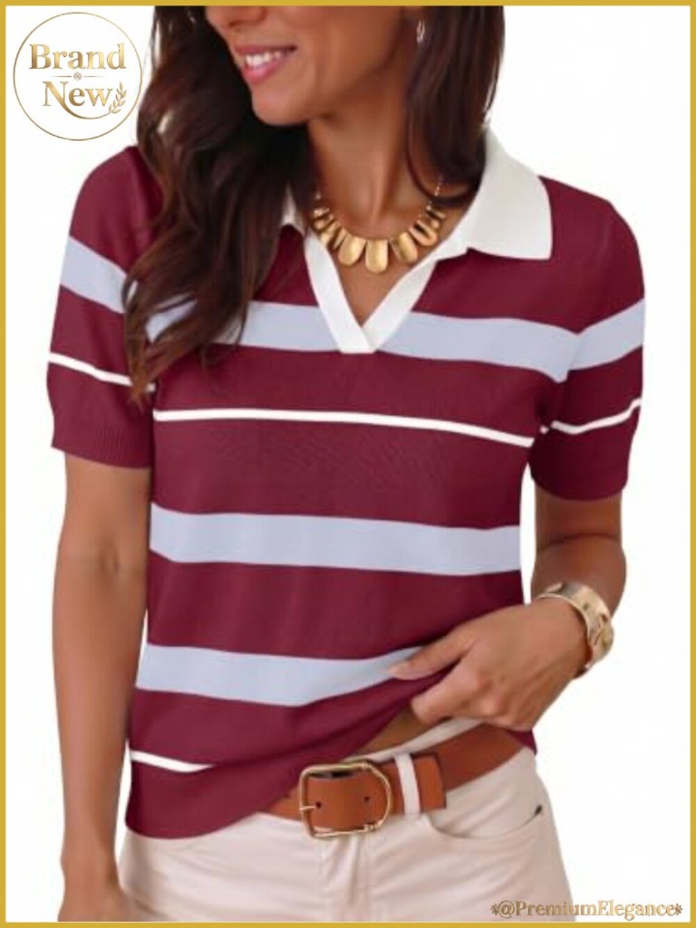 Women Short Sleeve Viscose Knit Polo Sweater V-Neck Preppy Work Top